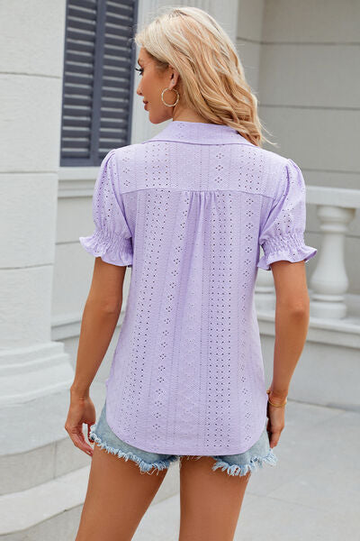 Eyelet Johnny Collar Short Sleeve Blouse - AngelMar Fashion