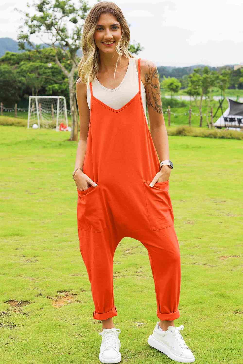 Double Take Full Size Sleeveless V-Neck Pocketed Jumpsuit - AngelMar Fashion