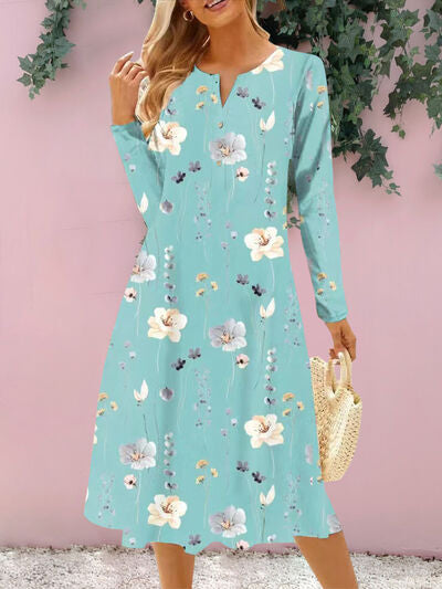 Floral Notched Long Sleeve Midi Dress - AngelMar Fashion