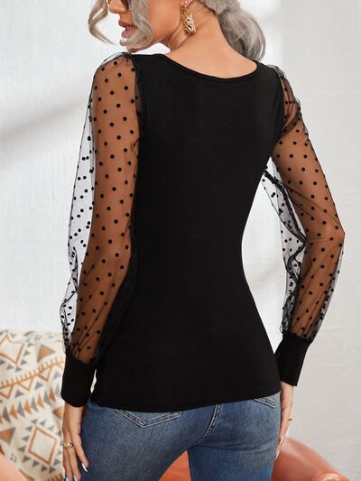 Square Neck Polka Dot Long Sleeve T-Shirt - AngelMar Fashion