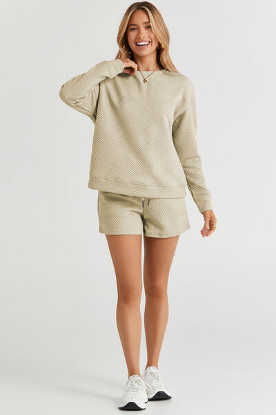 Double Take Full Size Texture Long Sleeve Top and Drawstring Shorts Set - AngelMar Fashion