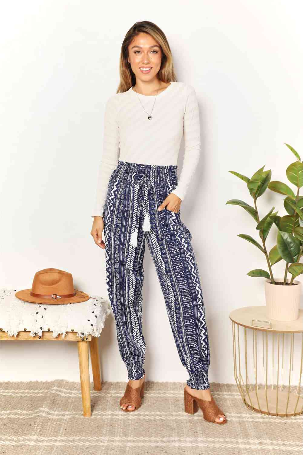 Double Take Geometric Print Tassel High-Rise Pants - AngelMar Fashion