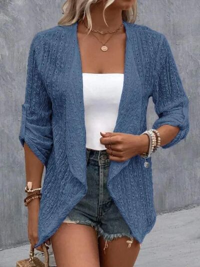 Eyelet Roll-Tab Sleeve Cardigan - AngelMar Fashion