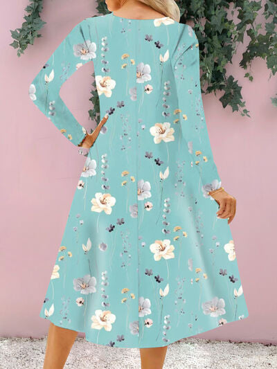 Floral Notched Long Sleeve Midi Dress - AngelMar Fashion