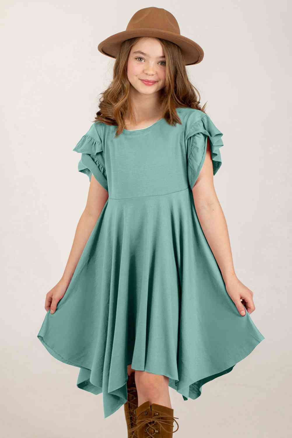 Round Neck Petal Sleeve Dress - AngelMar Fashion