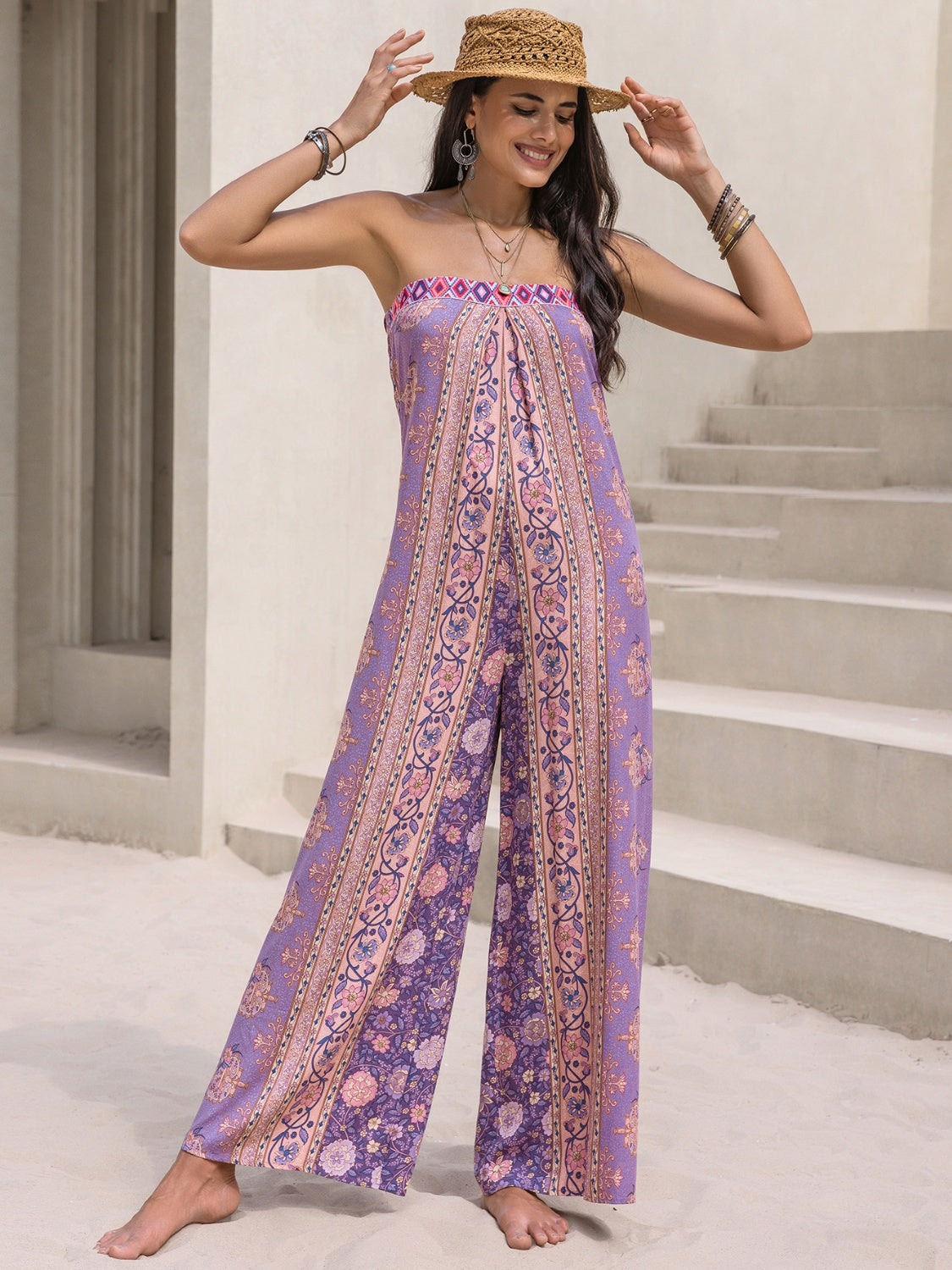 Tied Printed Tube Wide Leg Jumpsuit - AngelMar Fashion