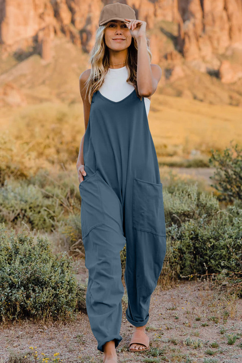 Double Take Full Size V-Neck Sleeveless Jumpsuit with Pockets - AngelMar Fashion