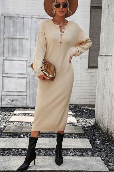 Decorative Button Notched Dropped Shoulder Sweater Dress - AngelMar Fashion