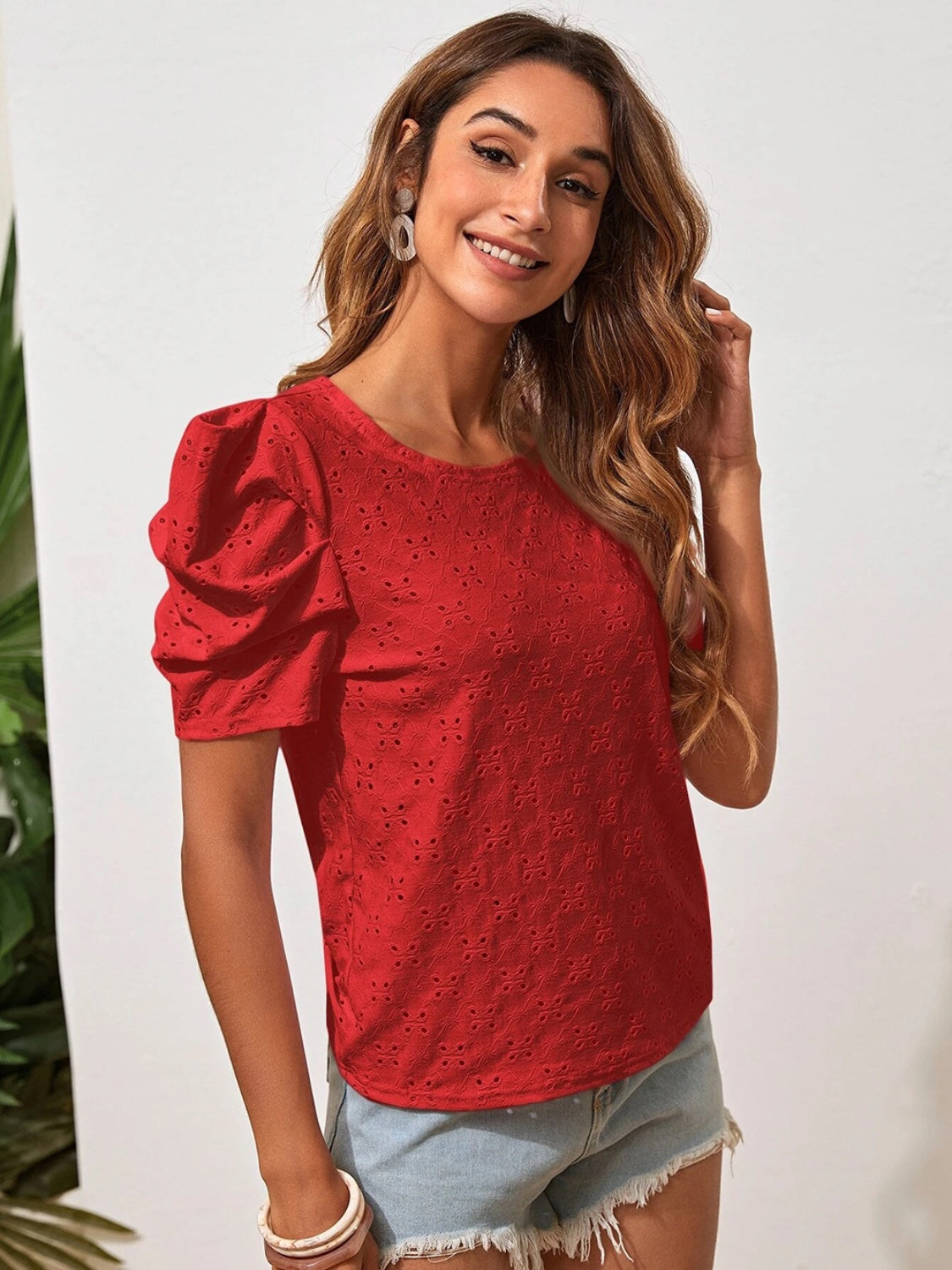 Eyelet Round Neck Puff Sleeve Blouse - AngelMar Fashion