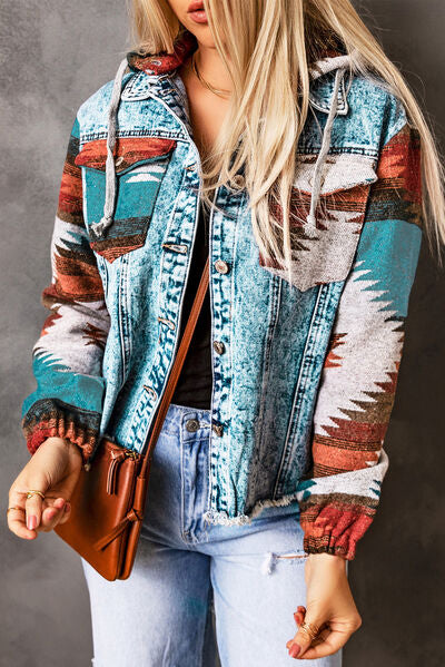 Drawstring Hooded Pocketed Denim Jacket - AngelMar Fashion