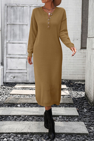 Decorative Button Notched Dropped Shoulder Sweater Dress - AngelMar Fashion