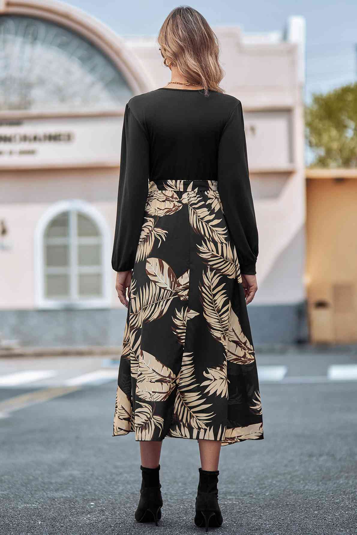 Printed Tie Waist Long Sleeve Dress - AngelMar Fashion