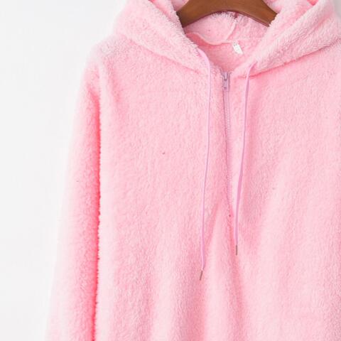 Quarter-Zip Drawstring Teddy Hoodie - AngelMar Fashion