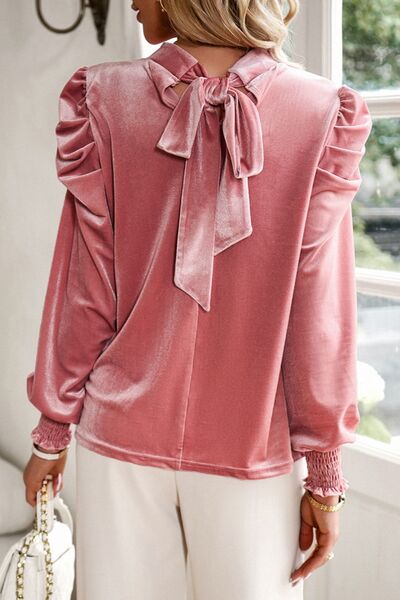 Tie Up Mock Neck Velvet Fabric Long Sleeve Blouse - AngelMar Fashion