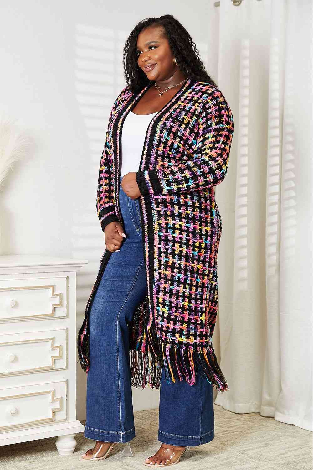 Double Take Full Size Multicolored Open Front Fringe Hem Cardigan - AngelMar Fashion