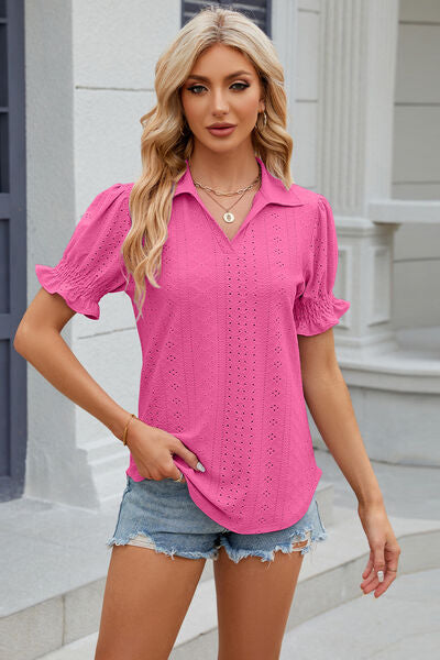 Eyelet Johnny Collar Short Sleeve Blouse - AngelMar Fashion