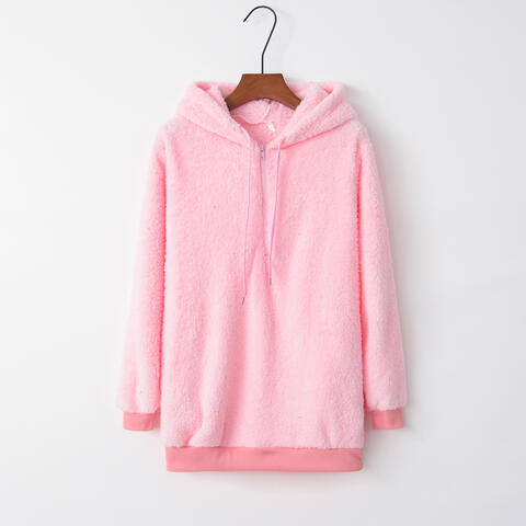 Quarter-Zip Drawstring Teddy Hoodie - AngelMar Fashion