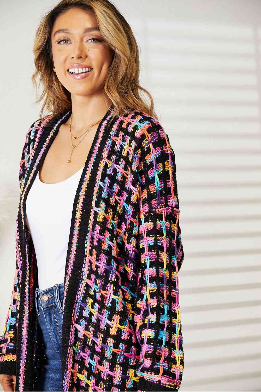 Double Take Full Size Multicolored Open Front Fringe Hem Cardigan - AngelMar Fashion