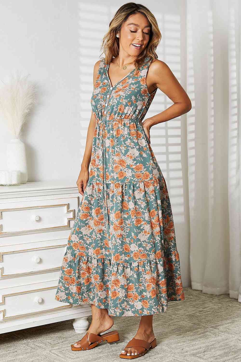 Double Take Floral V-Neck Tiered Sleeveless Dress - AngelMar Fashion