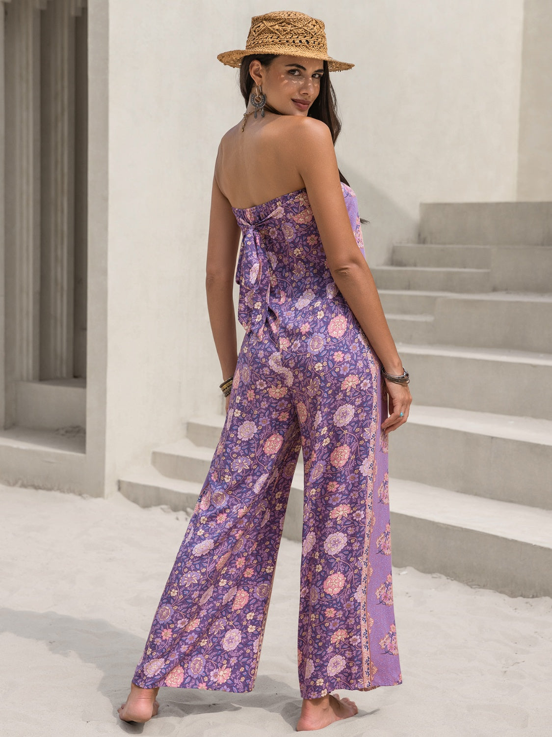 Tied Printed Tube Wide Leg Jumpsuit - AngelMar Fashion