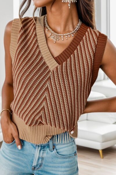 Striped V-Neck Sweater Vest - AngelMar Fashion