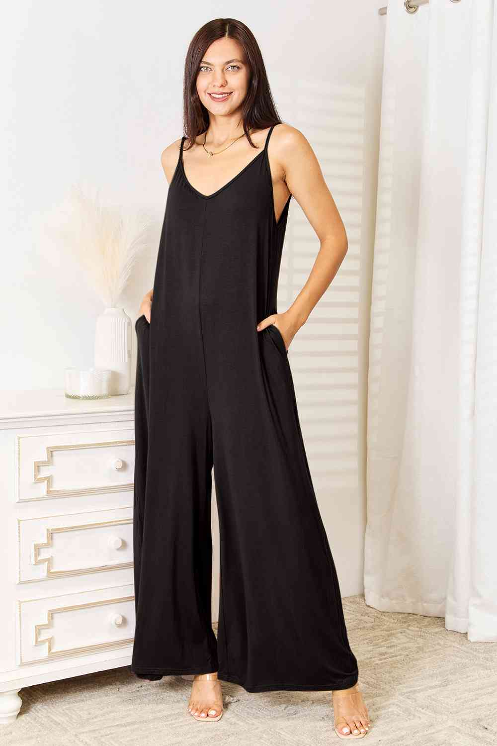 Double Take Full Size Soft Rayon Spaghetti Strap Tied Wide Leg Jumpsuit - AngelMar Fashion