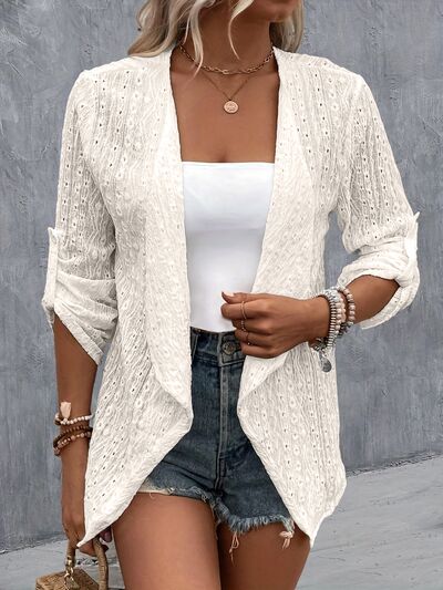 Eyelet Roll-Tab Sleeve Cardigan - AngelMar Fashion