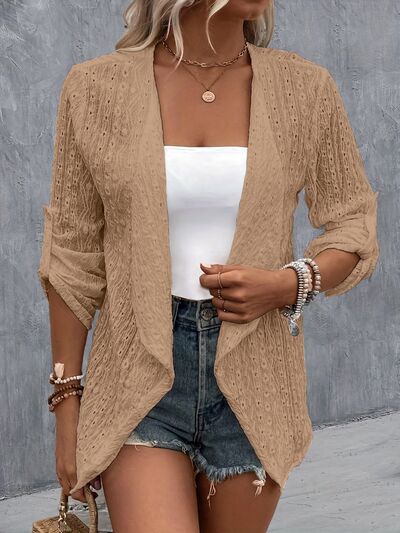 Eyelet Roll-Tab Sleeve Cardigan - AngelMar Fashion