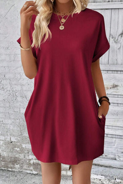 Pocketed Round Neck Short Sleeve Dress - AngelMar Fashion