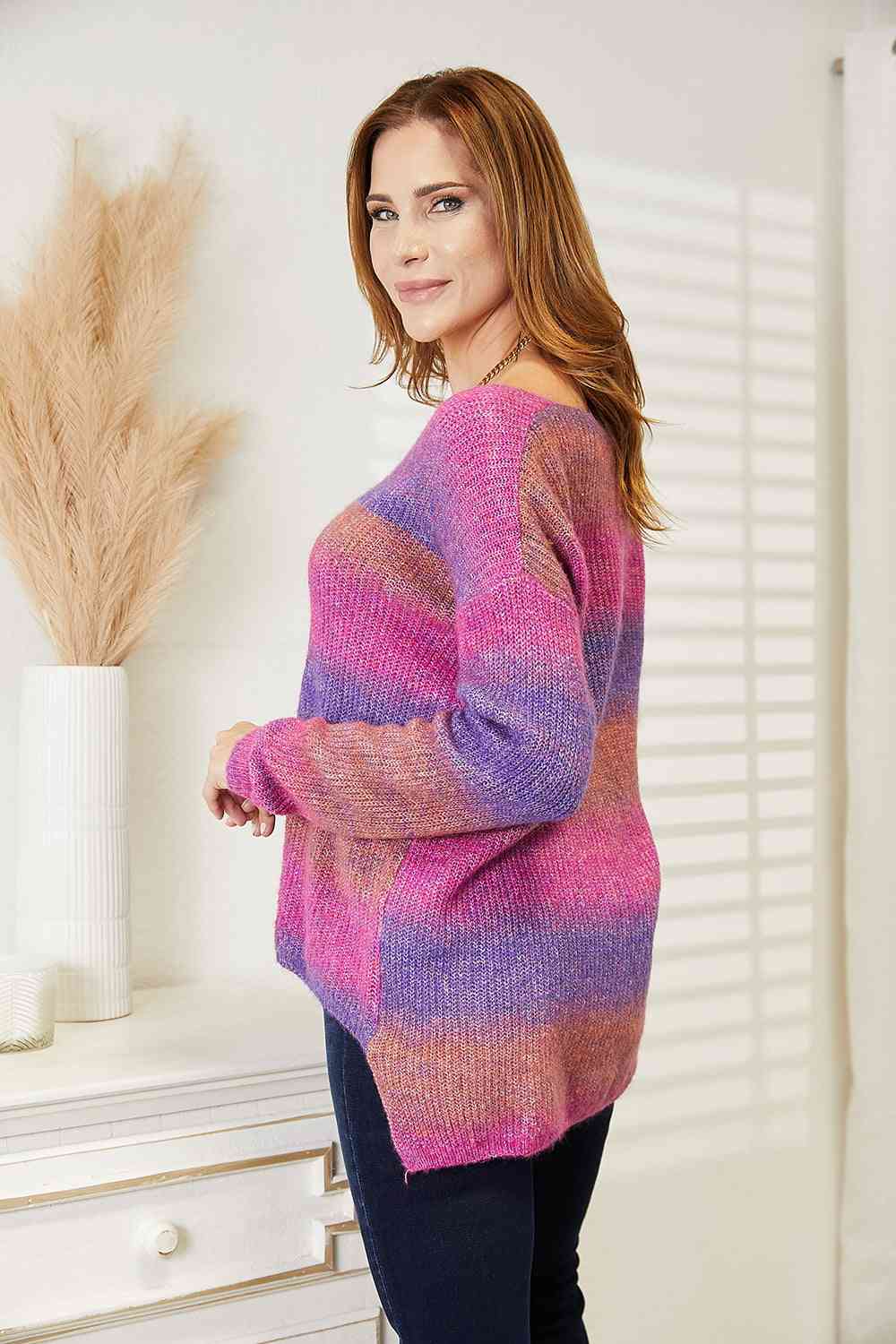 Double Take Multicolored Rib-Knit V-Neck Knit Pullover - AngelMar Fashion