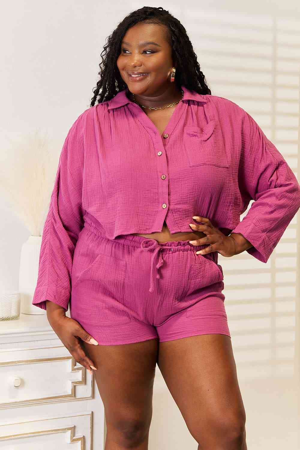 Basic Bae Buttoned Long Sleeve Top and Shorts Set - AngelMar Fashion