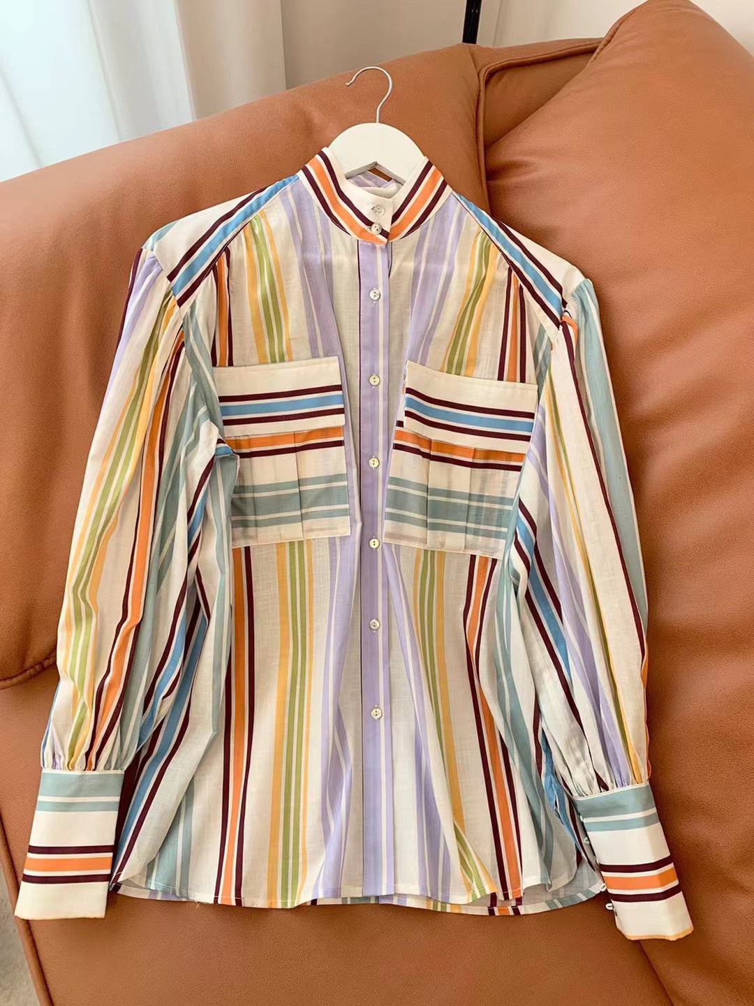 Striped Button Down Lantern Sleeve Shirt - AngelMar Fashion