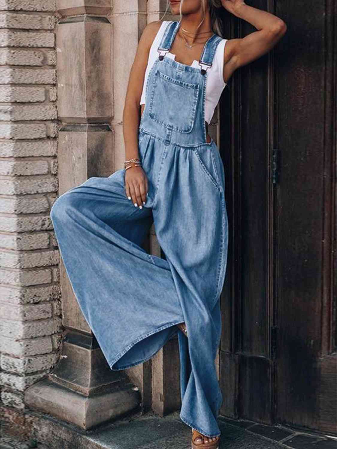 Wide Leg Denim Overalls - AngelMar Fashion