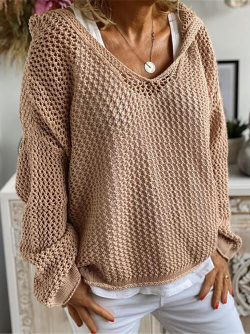 Openwork Hooded Long Sleeve Sweater - AngelMar Fashion