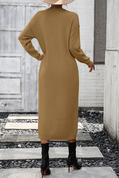 Decorative Button Notched Dropped Shoulder Sweater Dress - AngelMar Fashion