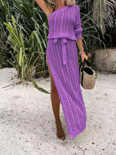 Slit Openwork Single Shoulder Knit Dress - AngelMar Fashion